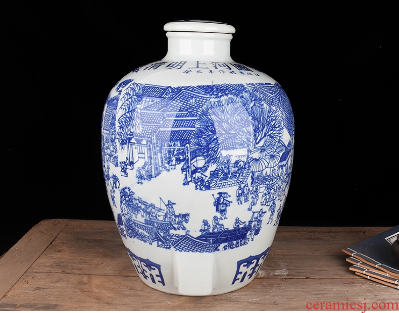 Jingdezhen blue and white wine VAT archaize ceramic jars seal 10 jins home outfit jar 50 pounds empty beer as cans