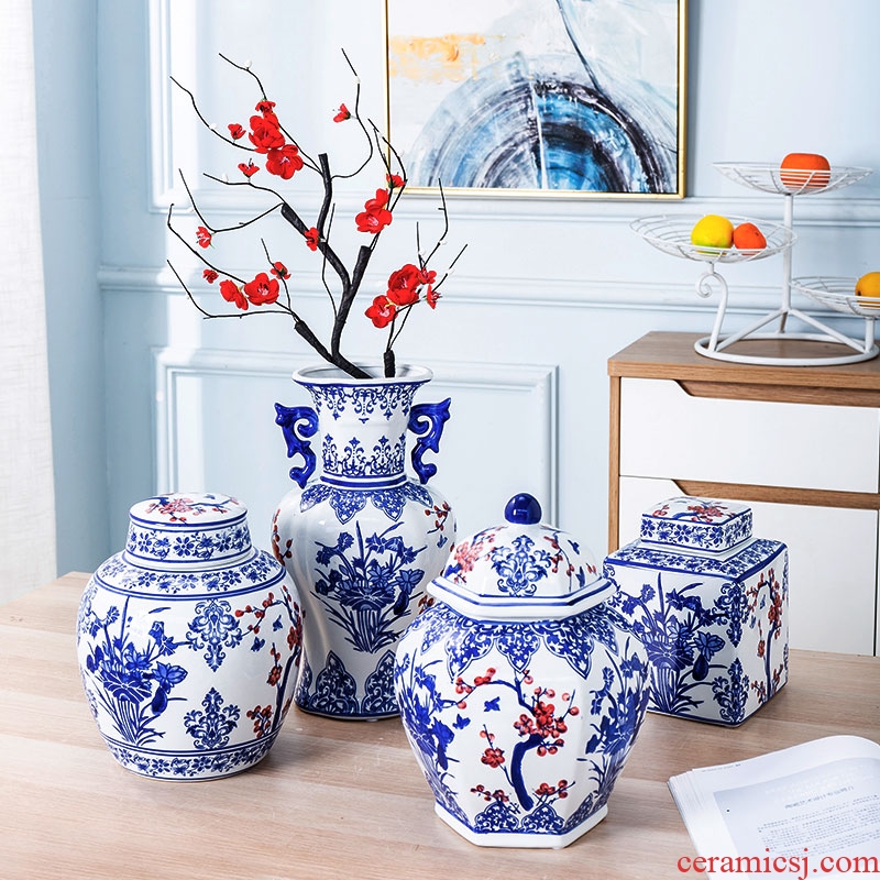 Jingdezhen porcelain ceramic vase home sitting room place, a large storage tank with cover flower arrangement of blue and white porcelain ornaments