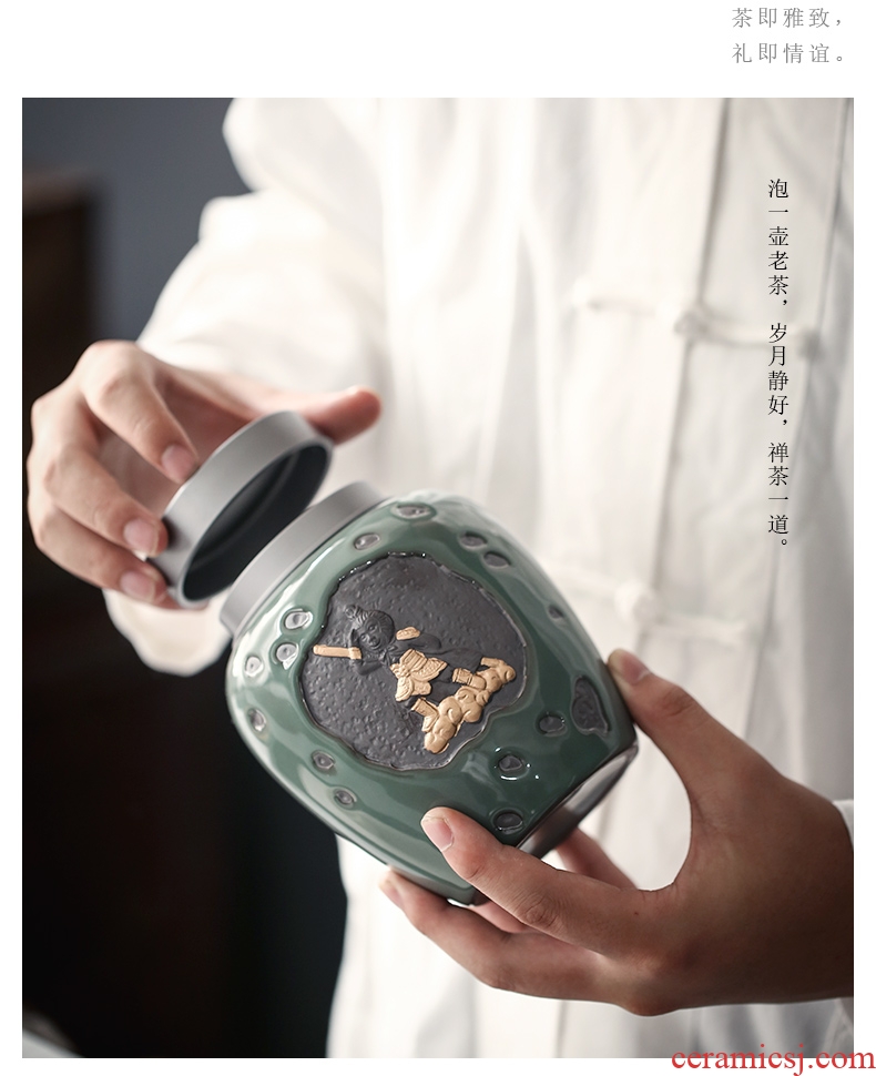 Auspicious edge elder brother up with ceramic jar, restoring ancient ways caddy fixings half jins to seal the pu - erh tea and tea tins of household