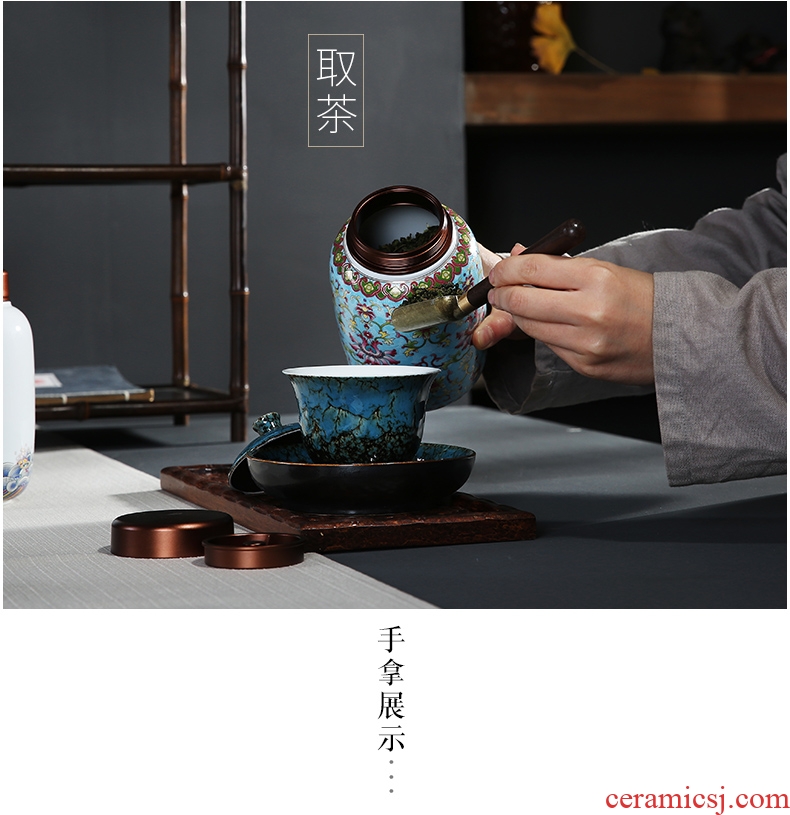 Auspicious edge enamel made ceramic tea pot metal cover seal tank storage medium, tea boxes