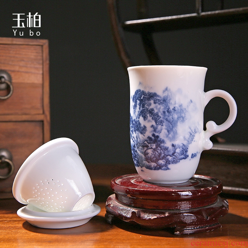 Jingdezhen ceramic cup parker filter jade cup couples with cover the tank large capacity cup Chinese wind blue office cup