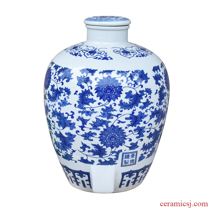 Jingdezhen blue and white wine VAT archaize ceramic jars seal 10 jins home outfit jar 50 pounds empty beer as cans