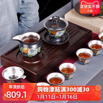 Kung fu tea set ceramic household of Chinese style restoring ancient ways tasted silver gilding silver tureen office six cups of gift boxes