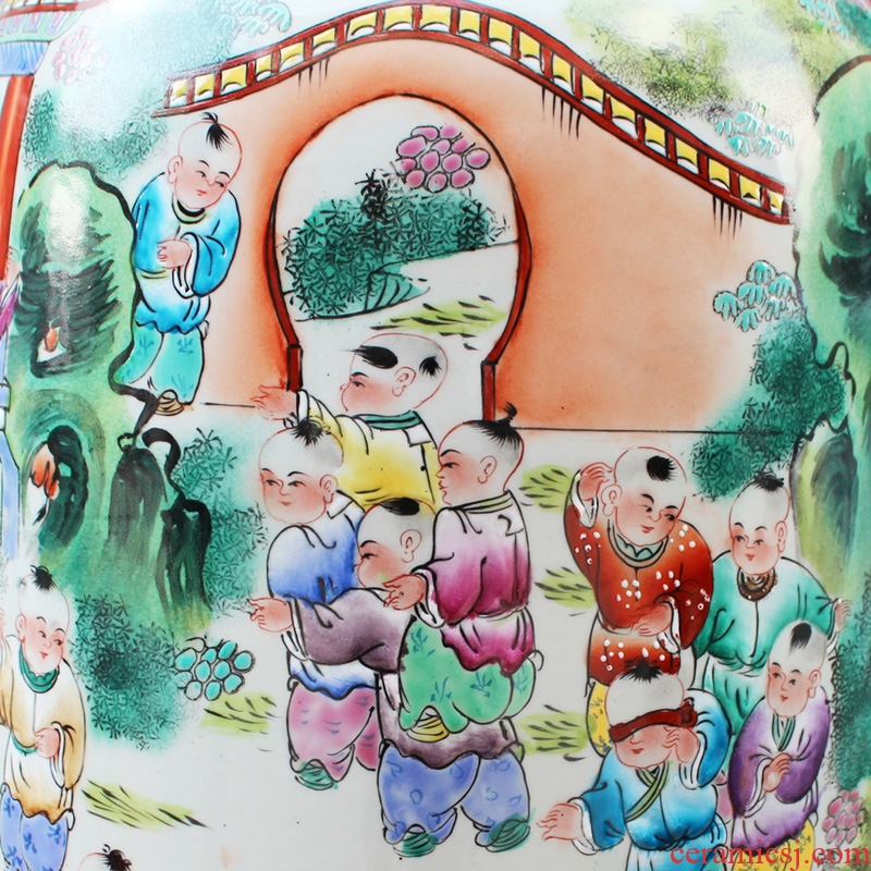 Jingdezhen ceramics hand - made pastel the lad figure of large vases, classical Chinese style living room home decoration