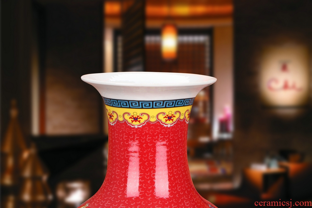 Colored enamel porcelain of jingdezhen ceramics China red peony phoenix flower vase of modern home decoration