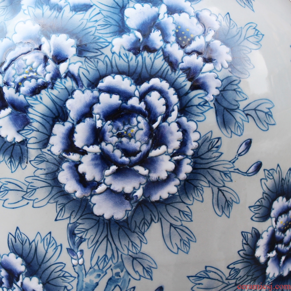 Jingdezhen blue and white peony sitting room of large vase household ceramics hand - made craft decoration decorative furnishing articles
