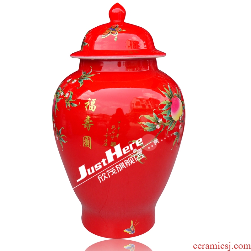 General festive Chinese red porcelain vase bottle ricer box with a cover General cylinder barrel surface peach as cans