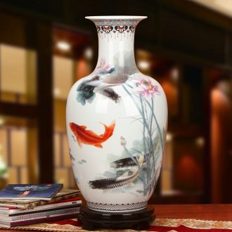 Jingdezhen ceramics powder enamel lotus lotus seeds fall to the ground fish large vases, modern Chinese style household geomantic furnishing articles