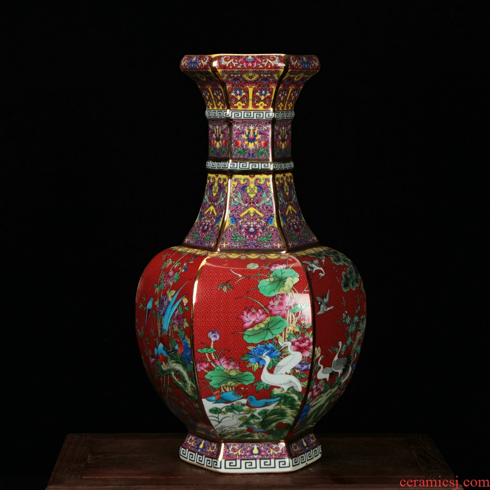 Jingdezhen ceramics vase archaize colored enamel HongLiu party with four bottles of modern Chinese style household furnishing articles