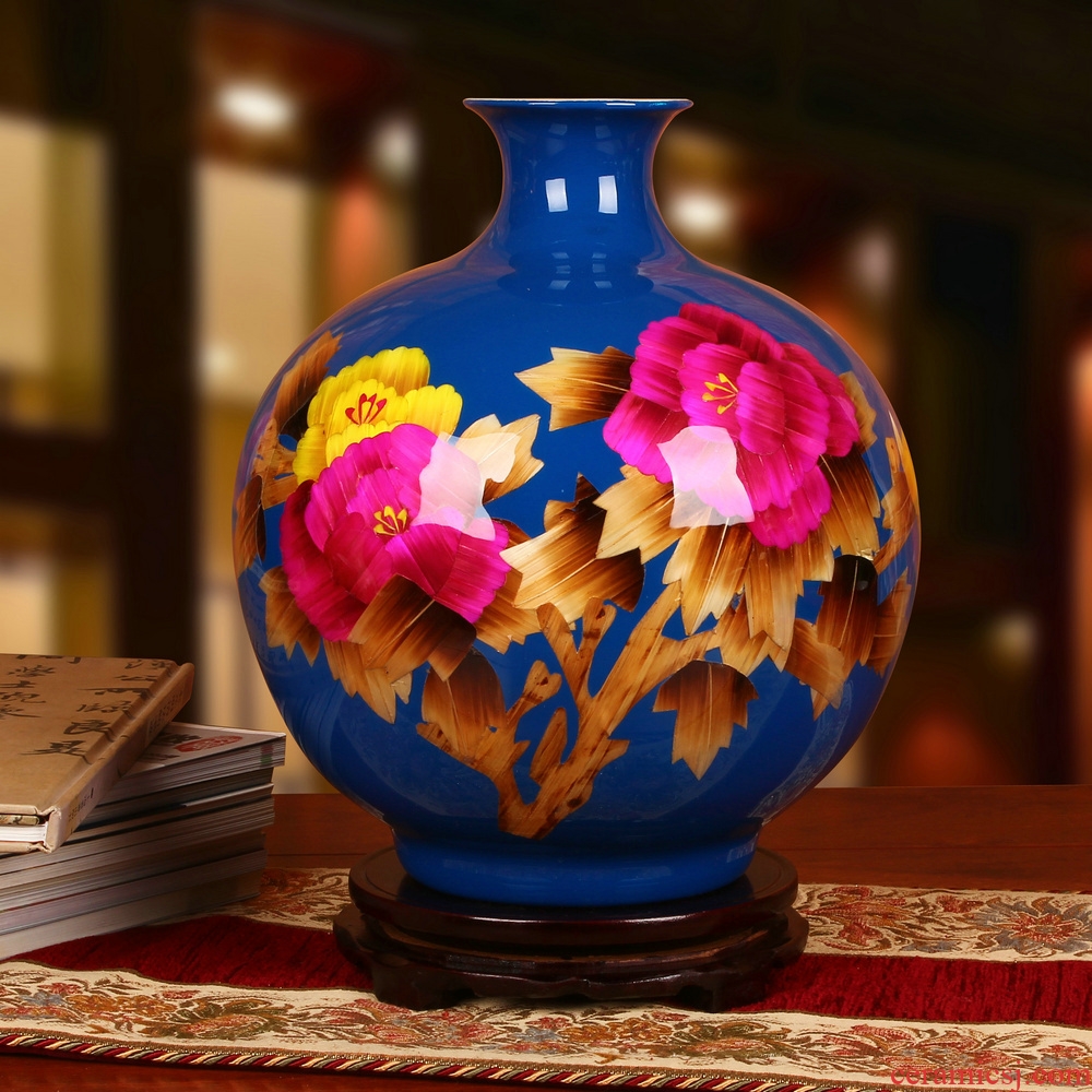 Jingdezhen ceramics vase high - grade straw blue riches and honor peony vases, modern Chinese style household furnishing articles