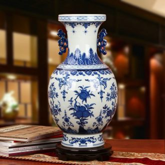 Jingdezhen ceramics high - grade hand - made ssangyong ear peach bound branch of blue and white porcelain vase modern home furnishing articles