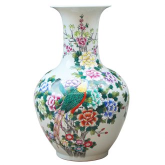 Jingdezhen ceramics hand - made pastel golden pheasant peony of large vases, classical Chinese style living room home decoration