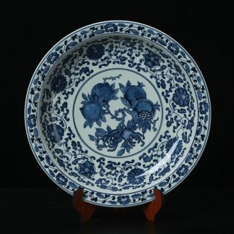 Jingdezhen ceramics high - end antique blue and white peach pomegranate plate sit plate modern Chinese handicraft collection