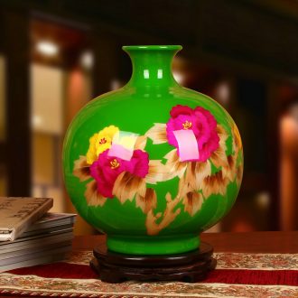 Jingdezhen ceramics vase high - grade straw green, riches and honor peony round vase modern Chinese style household furnishing articles