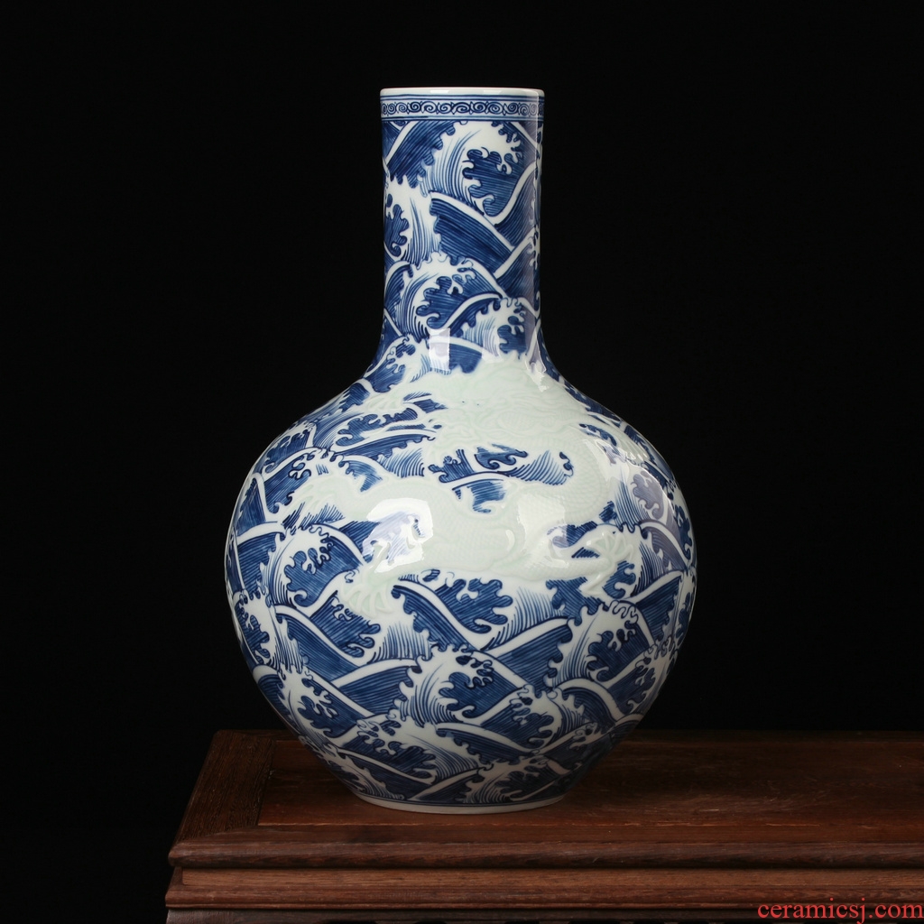 High - end antique manual jingdezhen blue and white porcelain carving water lines celestial dragon vase decorated ceramics furnishing articles