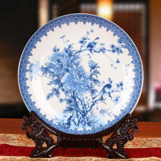 Jingdezhen blue and white peony flower holder plate ceramics faceplate hang dish contracted style decorative furnishing articles