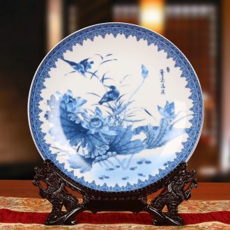 Jingdezhen blue and white ceramics bird teng lotus seat disc hanging dish his Chinese style classical decoration home furnishing articles
