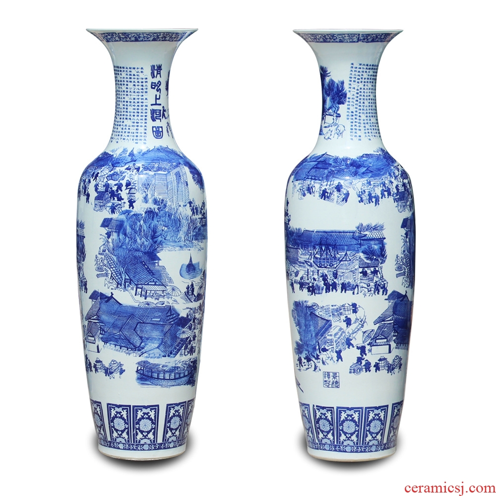 Jingdezhen blue and white ceramics qingming scroll of large vases, Chinese style hotel lobby sitting room adornment
