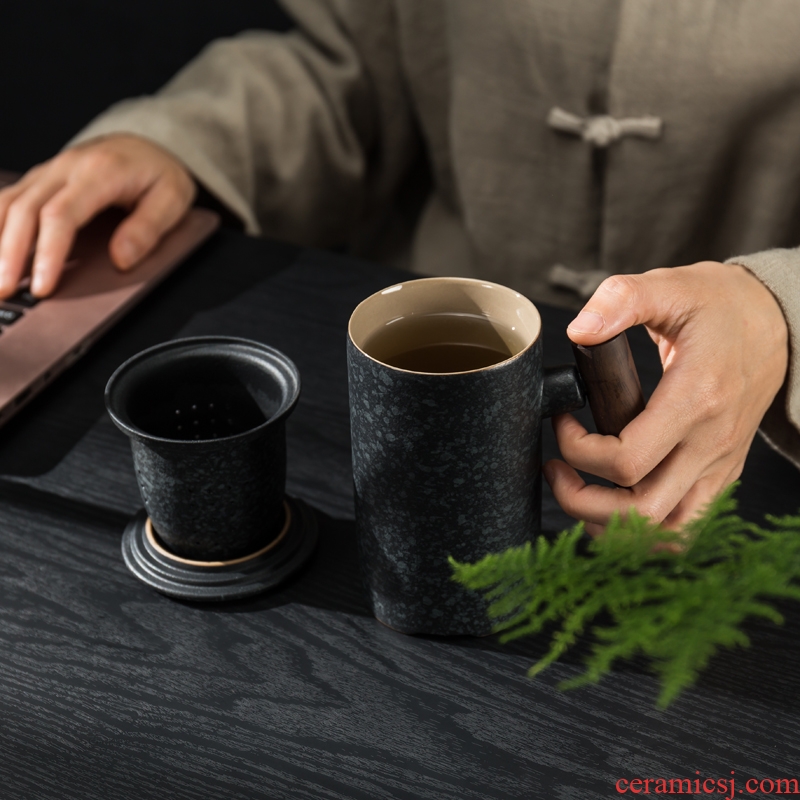 Creative mugs filter tea cups with cover glass ceramic cups office large - capacity glass solid wood handle