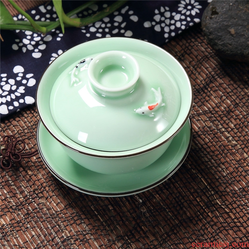 Longquan celadon kongfu tea carp fish tureen ceramic cups little bowl three cups of tea bowl to tea cups