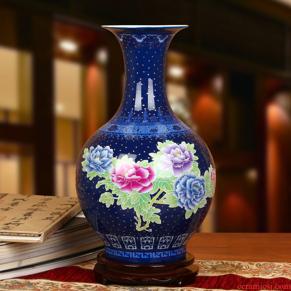 Jingdezhen ceramics high - grade enamel color sapphire blue peony vases, modern Chinese style home decoration collection furnishing articles