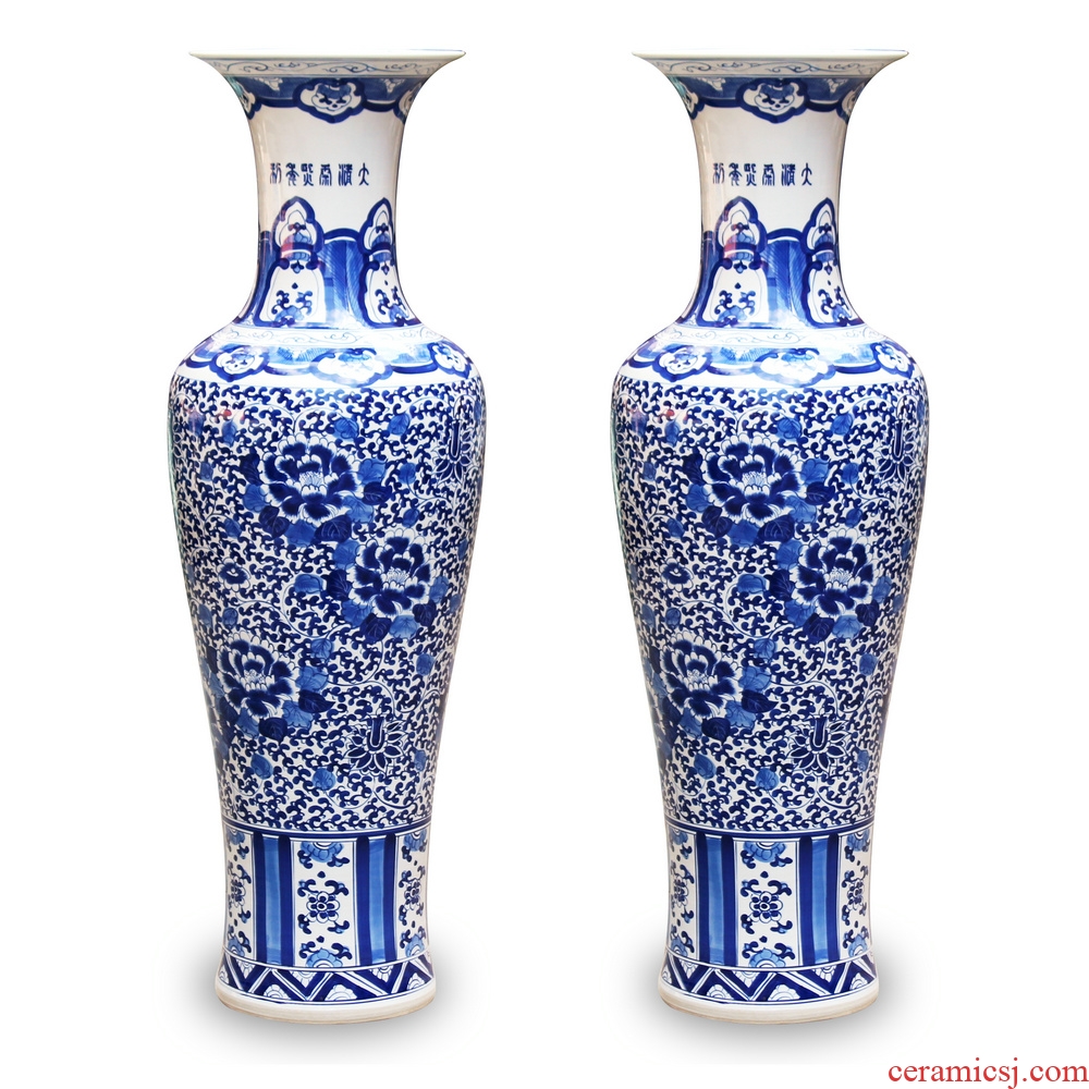 Jingdezhen ceramics hand - made riches and honor peony landing big blue and white porcelain vase modern Chinese style living room furnishing articles