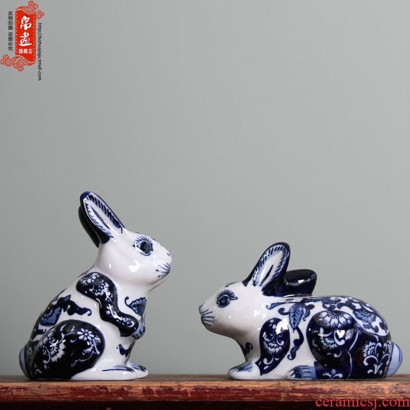 Jingdezhen ceramic animal furnishing articles rabbit cat home sitting room adornment of blue and white porcelain wedding gift bedroom decoration