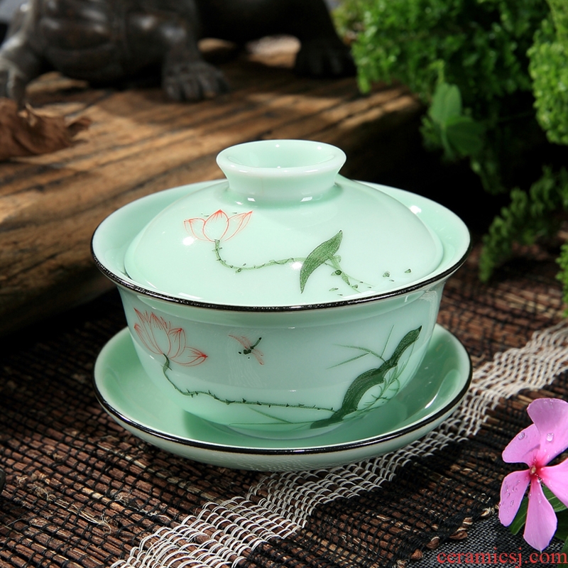 The Home of kung fu tea set ceramic longquan celadon hand - made tureen tea cup bowl bowl three cups of small size
