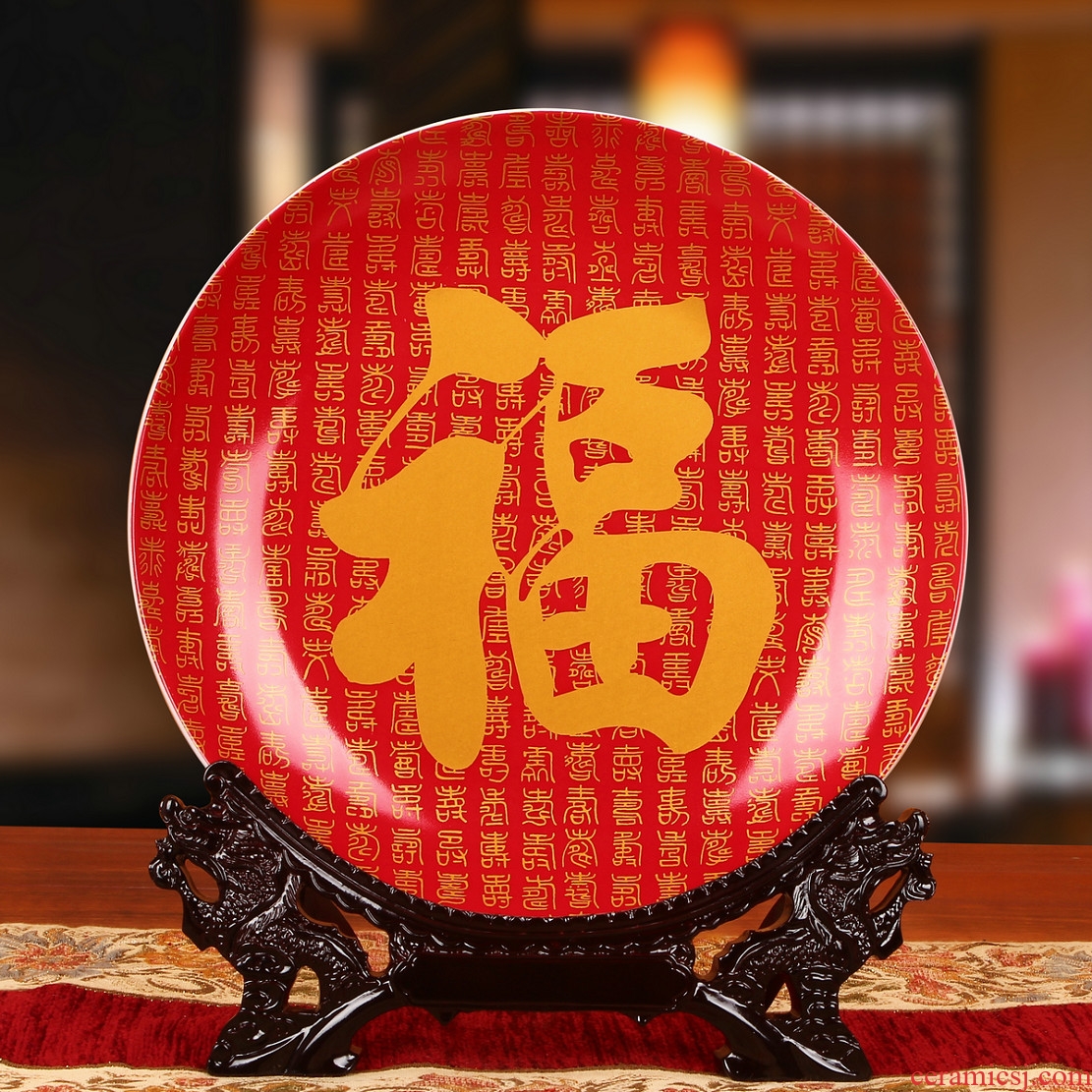 Jingdezhen ceramics China red ave sit hang dish plate faceplate Chinese style classical decoration home furnishing articles
