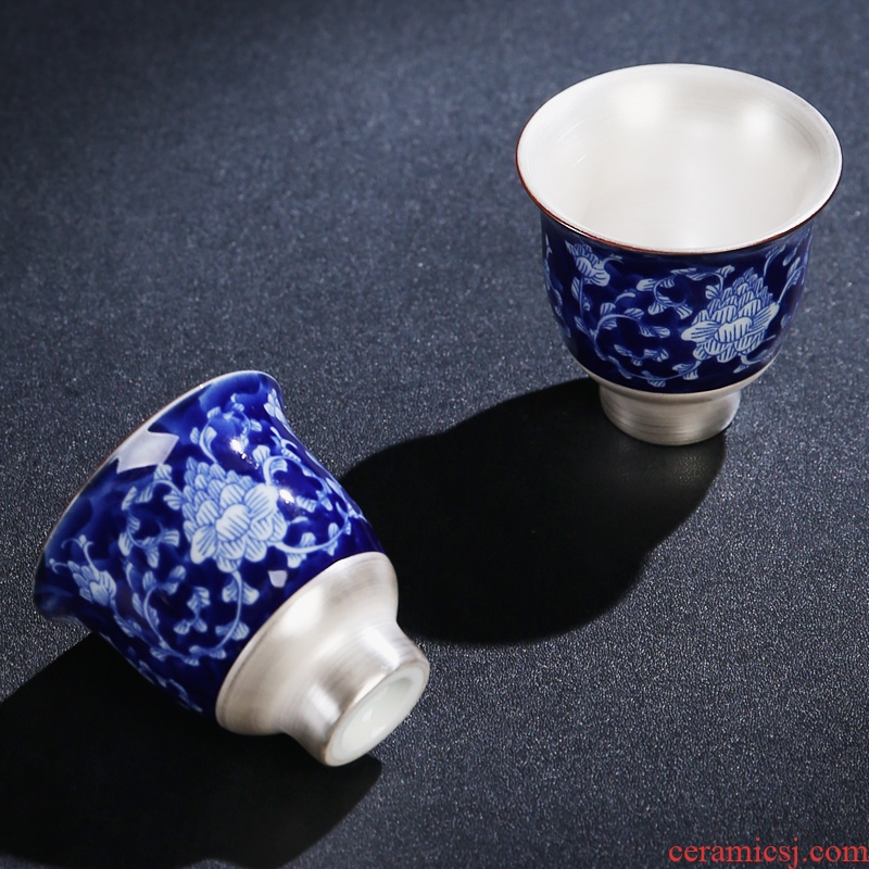 The Product of jingdezhen porcelain remit ji blue glaze tasted silver gilding ceramic cup warm hand cup sample tea cup individual CPU master CPU