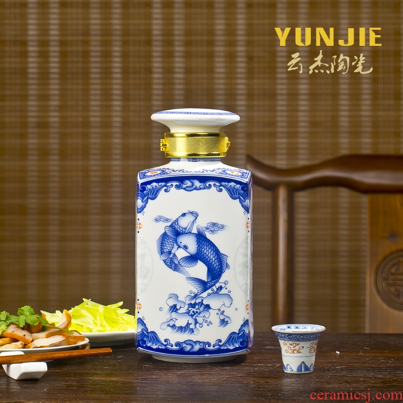 Jingdezhen ceramic bottle 2 jins with square bottle wine jar blue carp jump longmen decoration wine decanters