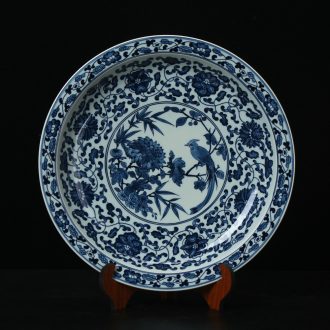 Jingdezhen ceramics high - end antique blue and white peony flowers and birds by plate set up modern Chinese handicraft collection