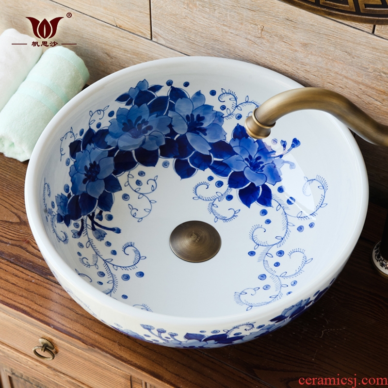 New Chinese style of blue and white porcelain balcony sink basin of single ceramic lavatory basin of restoring ancient ways is the stage art basin of home stay facility