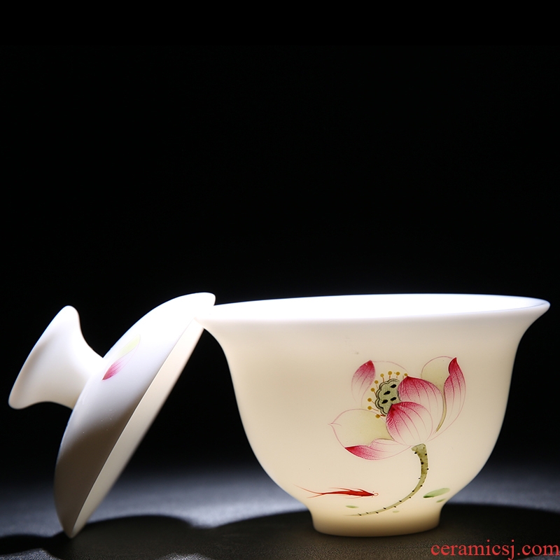 The Product dehua porcelain remit jade built white porcelain lotus rhyme tureen ceramic three mercifully tea tureen tea set