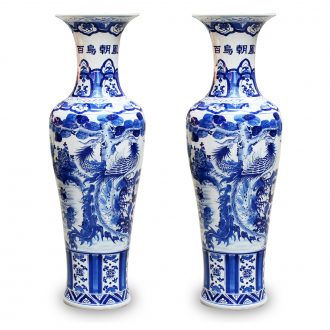 Jingdezhen blue and white ceramics hand - made birds pay homage to the king of large vases, modern Chinese style living room decoration furnishing articles