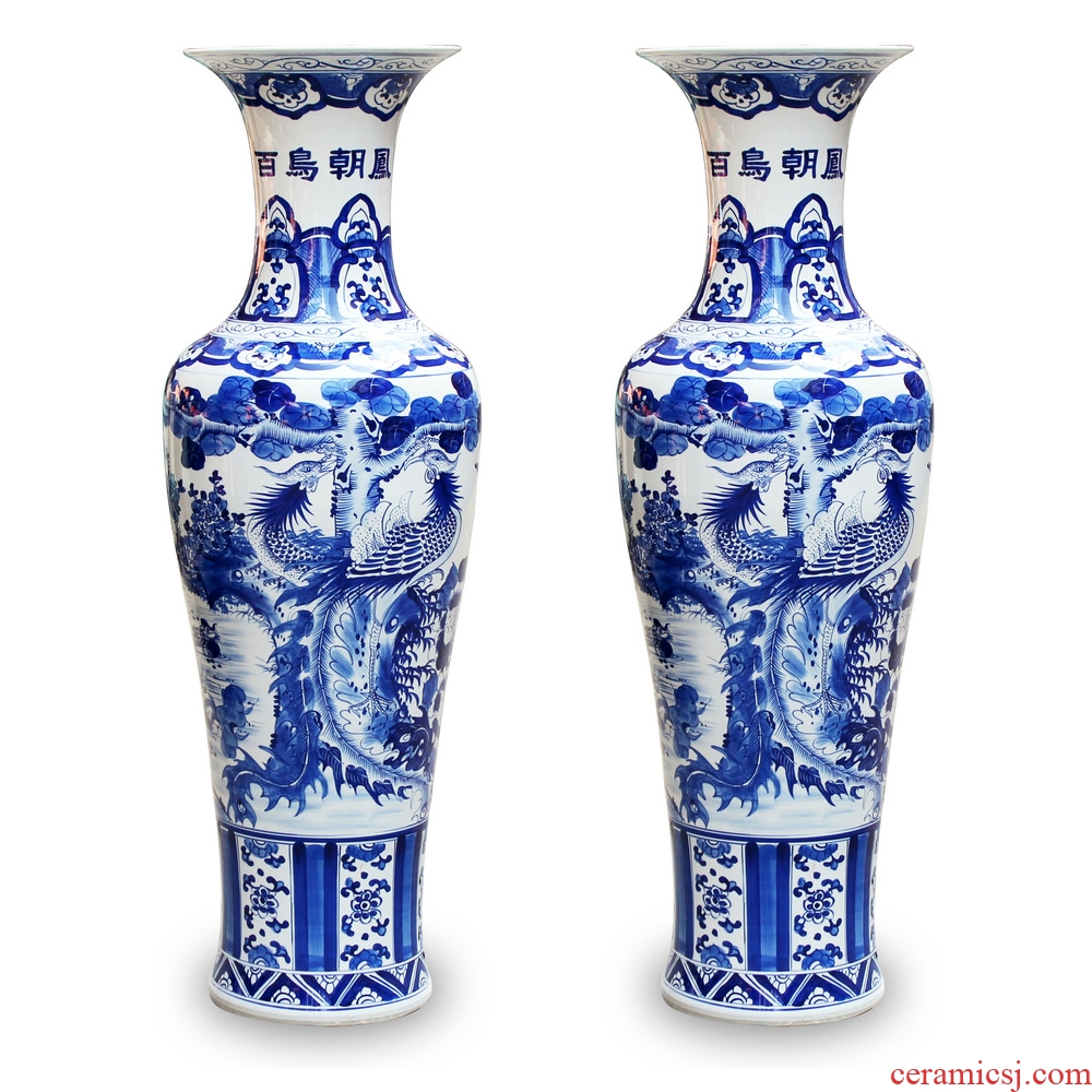 Jingdezhen blue and white ceramics hand - made birds pay homage to the king of large vases, modern Chinese style living room decoration furnishing articles