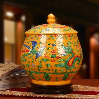 Jingdezhen ceramics antique carved yellow longfeng furnishing articles storage tank cylinder barrel seeds wedding gift
