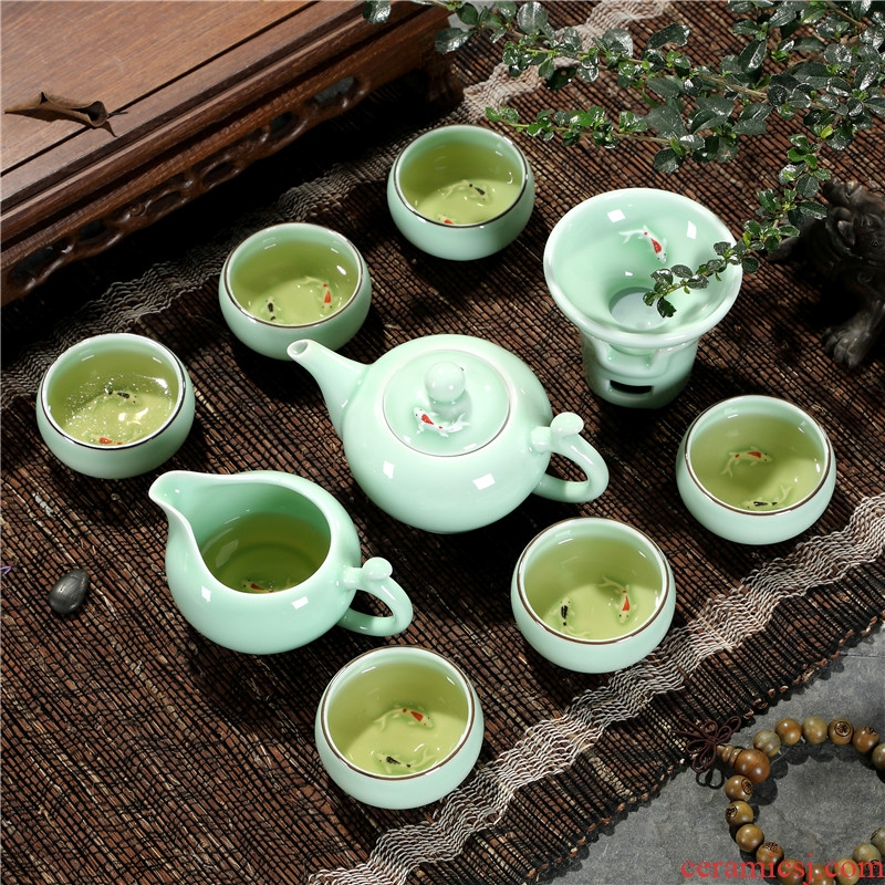 Household longquan celadon carp fish, goldfish ceramic kunfu tea tea set the teapot tea cups with Chinese style