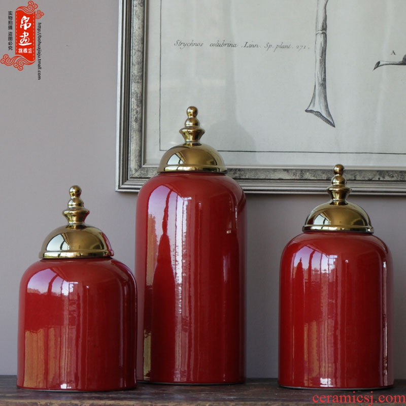 Jingdezhen ceramic vase furnishing articles gilded the lid tank bright red hand with classical household pure glaze decoration