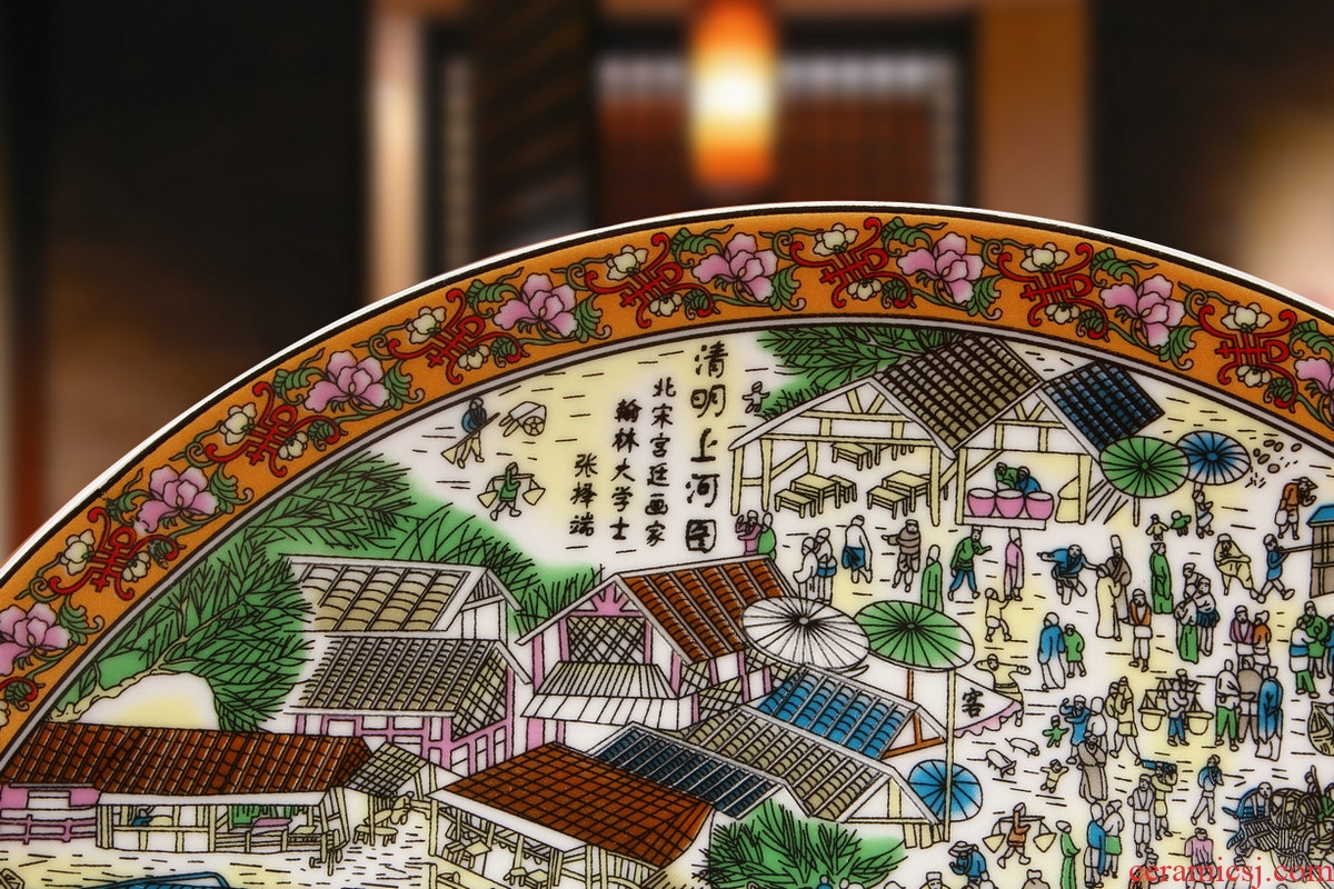 Jingdezhen ceramics powder enamel qingming scroll plates on faceplate hang dish classical household decorative crafts