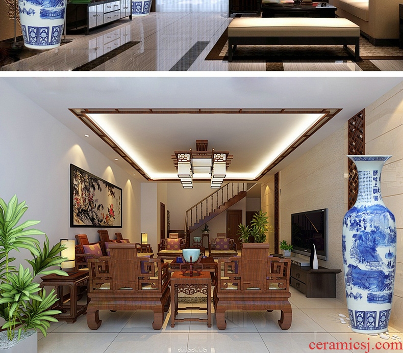 Jingdezhen blue and white ceramics qingming scroll of large vases, Chinese style hotel lobby sitting room adornment