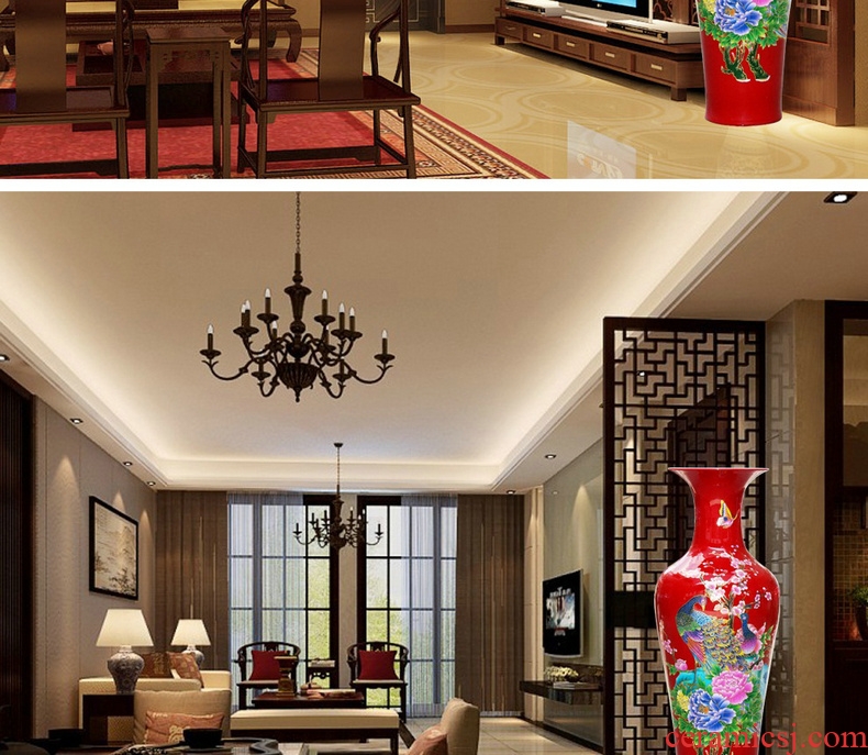 Jingdezhen ceramics China red peony riches and honour the phoenix landing big vase lobby sitting room adornment is placed