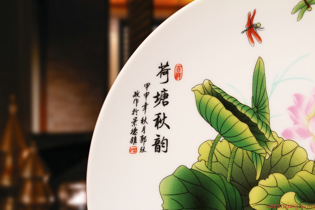 Jingdezhen ceramics powder enamel lotus blue sit hang dish plate faceplate Chinese style classical decoration home furnishing articles
