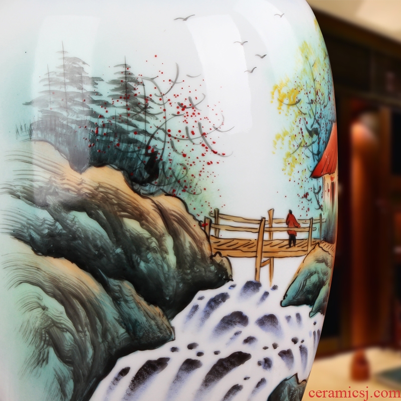 Famous works of hu, jingdezhen ceramics vase upscale collection hand famille rose porcelain bottle furnishing articles mountains
