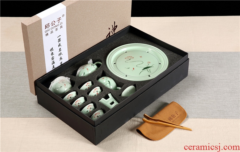 Celadon chaozhou kunfu tea tea cup lid bowl suit ceramic circular water small tea tray was gift boxes