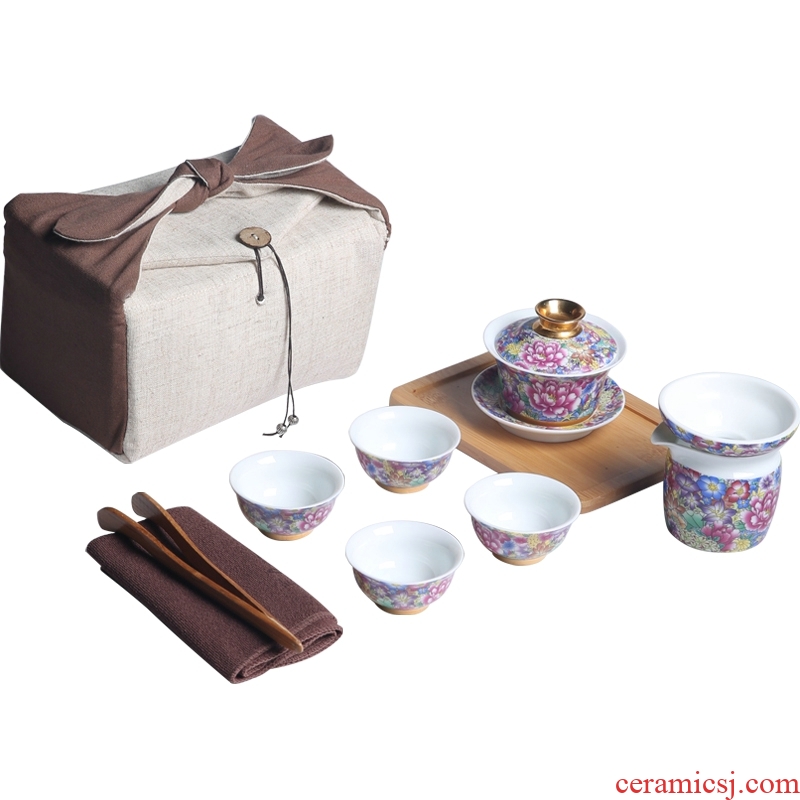 The Product of jingdezhen porcelain remit colored enamel tea sets travel carpet of portable is suing tea tea cloth