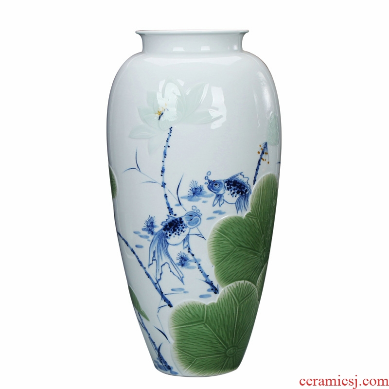 LuYiGang hand - made porcelain of jingdezhen ceramics engraving lotus goldfish vase collection crafts are set