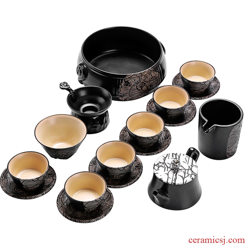 Black zen tea set suit Black ceramic kung fu tea set a complete set of creative household coarse pottery teapot teacup tureen teapot