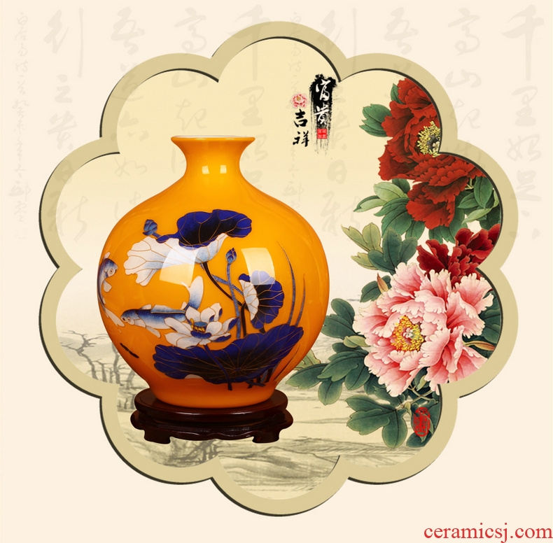 Jingdezhen ceramics high - grade gold fish yellow straw lotus vase sitting room adornment of Chinese style household furnishing articles