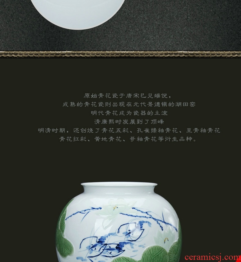 Master LuYiGang jingdezhen ceramics hand - made pea green glaze shrimp boring vase of blue and white porcelain carving crafts